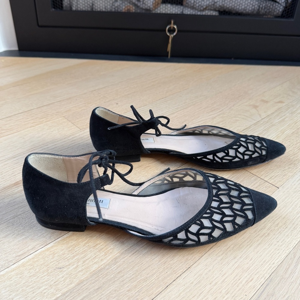 LK Bennett Black Pointed-Toe Flats with Ankle Straps